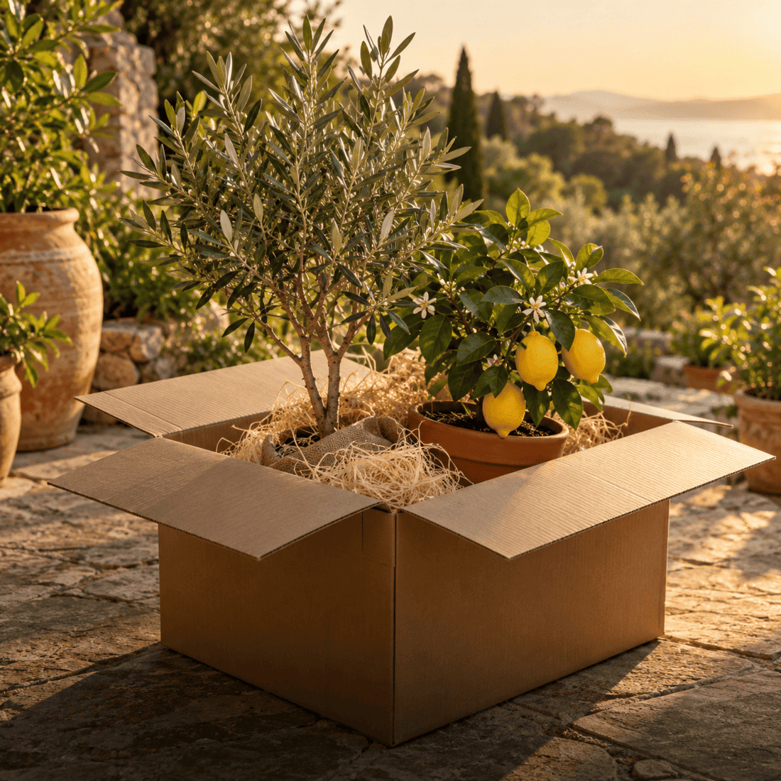 Mediterrane Pflanzen in Töpfen, bereit für die Lieferung